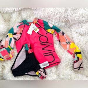 New Calvin Klein big girl’s two piece rashguard swim set pink 8 10 m medium 🎁
